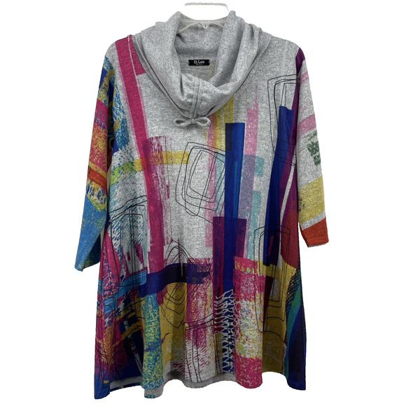 Et Lois Size L Colorful Tunic Sweater Cowl Neck Abstract Print Lagenlook Vibrant - Picture 1 of 7